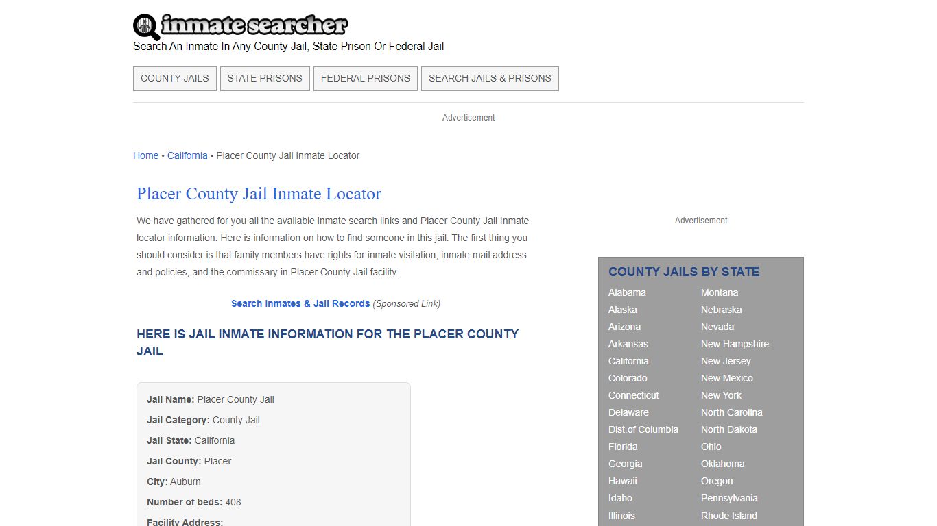Placer County Jail Inmate Locator - Inmate Searcher